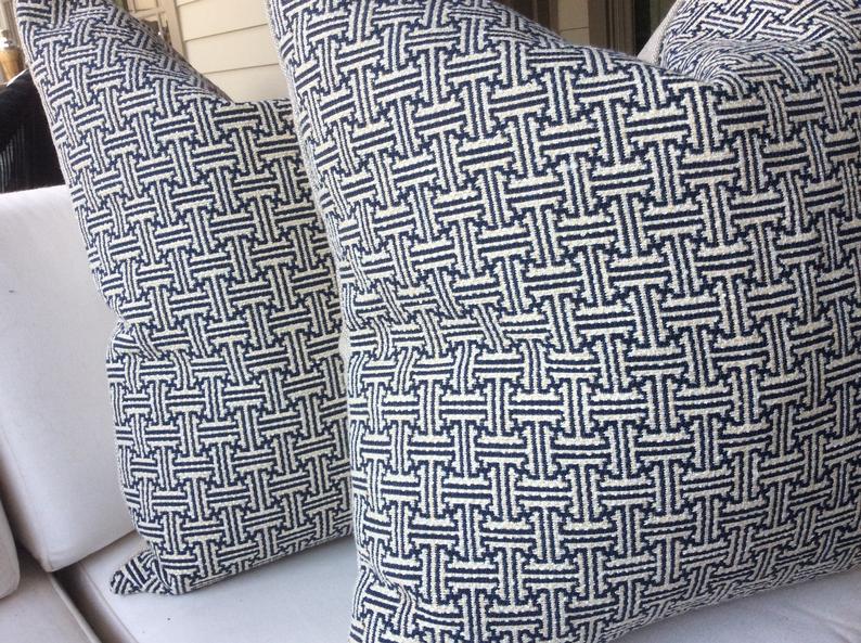 Thibaut “Enchantment” in navy blue and white pillow covers